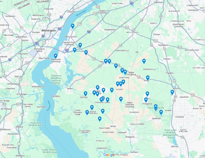 Lakes of Salem County Google Maps Screenshot of all the locations of Lakes and Ponds in Salem County NJ